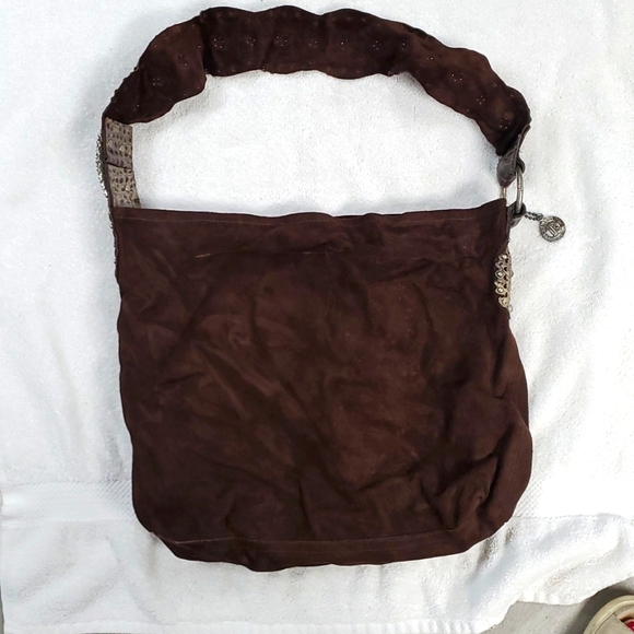 Leatherrock USA brown hobo suede purse with decorative strap. - Picture 2 of 5
